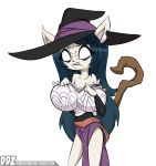  2018 5_fingers alternate_costume angry black_hair breasts cartoon_hangover cat claire_(the_summoning) cleavage clothed clothing crossover dankodeadzone dragons_crown eyeshadow feline female fur hair hat hi_res long_hair makeup mammal pentagram pose sorceress_(dragon&#039;s_crown) standing the_summoning white_fur witch_hat 