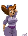  2018 anthro big_breasts black_nose breasts brown_hair canine clothed clothing disney dog ear_piercing eyelashes eyewear female fully_clothed goggles goof_troop hair hand_on_hip legs_together mammal overalls peg_pete piercing short_hair simple_background solo standing tight_clothing white_background zulana 