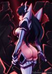  absurdres ass black_hair blue_eyes boots breasts caffeccino commentary dual_wielding english_commentary from_behind highres holding huge_filesize junketsu katana kill_la_kill kiryuuin_satsuki large_breasts long_hair looking_back revealing_clothes serious sideways_mouth solo sword thick_eyebrows thigh_boots thighhighs thong wakizashi watermark weapon web_address 