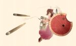  bow brown_hair cannon drill_hair full_body hair_bow hakama harukaze_(kantai_collection) japanese_clothes kantai_collection looking_at_viewer meiji_schoolgirl_uniform nogiguchi_kohiro oriental_umbrella rigging simple_background solo torpedo turret twin_drills umbrella 