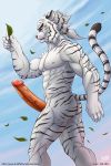  2011 big_penis blue_eyes feline huge_penis kazat leaf leaves male mammal nipples penis solo tiger 