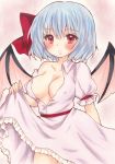  1girl blue_hair blush bow breasts cleavage dress dress_lift erect_nipples large_breasts looking_at_viewer no_bra off_shoulder red_eyes remilia_scarlet short_hair smile solo standing touhou traditional_media waitan1729 wings 