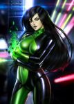  1girl ayya_saparniyazova badass black_hair breasts disney green_eyes hips latex lips neon pale_skin pinup shego 