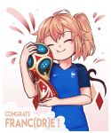  2018_fifa_world_cup :t ^_^ ahoge alternate_costume blonde_hair blue_shirt border closed_eyes commentary congratulations contemporary english_commentary eyebrows_visible_through_hair flandre_scarlet france gradient gradient_background head_tilt highres holding jersey nail_polish nike object_hug outline pink_background pun red_nails shirt short_hair short_sleeves side_ponytail smile soccer soccer_uniform solo sportswear touhou trophy upper_body white_background white_border white_outline wings world_cup yoruny 