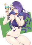  bikini breasts camilla_(fire_emblem_if) character_name cleavage closed_mouth commentary_request cup drinking_glass fire_emblem fire_emblem_heroes fire_emblem_if flower hair_flower hair_ornament hair_over_one_eye highres large_breasts lips long_hair nail_polish navel nekolook purple_bikini purple_eyes purple_hair solo swimsuit thighs wavy_hair 