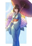  absurdres blue_kimono breasts brown_hair floral_print flower hair_between_eyes helawid highres holding holding_umbrella hydrangea japanese_clothes kimono looking_at_viewer obi oriental_umbrella original outside_border parted_lips sash solo standing umbrella wide_sleeves yellow_eyes 