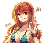  :q bracelet breasts character_name cleavage collarbone earrings eyebrows_visible_through_hair green_bikini_top hair_between_eyes jewelry long_hair looking_at_viewer medium_breasts nami_(one_piece) namiey one_piece orange_hair sideboob solo star striped tattoo tongue tongue_out upper_body white_background yellow_eyes 