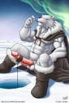  2011 anthro aurora_borealis balls bear big_muscles boots cape clothing erection fish fishing fishing_line footwear humanoid_penis kazat looking_at_viewer male mammal marine mostly_nude muscular muscular_male penis polar_bear solo vein veiny_penis yellow_eyes 