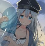  alternate_costume bangs bare_shoulders black_hat blue_eyes blush breasts cloud collarbone commentary_request dawn eyebrows_visible_through_hair flat_cap front-tie_bikini front-tie_top hair_between_eyes hat hibiki_(kantai_collection) highres holding holding_innertube innertube kantai_collection long_hair looking_at_viewer miko_fly outdoors sidelocks signature silver_hair small_breasts smile solo swimsuit upper_body 