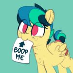  2018 apogee boop cute cutie_mark english_text equine eyelashes fan_character feathered_wings feathers feral freckles hair mammal mouth_hold my_little_pony nude paper pegasus pink_eyes portrait shinodage short_hair short_tail simple_background smile solo standing tail_wraps teal_background teal_hair text wings wraps yellow_feathers young 