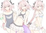  ;d astolfo_(fate) bangs bare_arms bare_shoulders bikini bikini_skirt black_bow black_ribbon black_swimsuit blue_bikini blush bow braid closed_mouth collarbone commentary eyebrows_visible_through_hair fang fate/apocrypha fate/extella fate/extella_link fate/extra fate_(series) from_side groin hair_between_eyes hair_bow hair_intakes hair_ribbon half-closed_eyes halter_top halterneck head_tilt heart holding innertube long_hair looking_at_viewer looking_to_the_side male_focus miniskirt mobu multicolored_hair multiple_views name_tag navel old_school_swimsuit one-piece_swimsuit one_eye_closed open_mouth otoko_no_ko pink_bow pink_hair pink_ribbon purple_eyes ribbon school_swimsuit sidelocks simple_background single_braid skirt smile standing star stomach strap_pull streaked_hair striped_bikini_top swimsuit very_long_hair white_background white_bikini white_bow white_hair white_skirt wrist_ribbon 