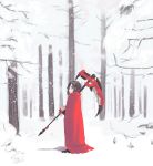  1girl cape hood ruby_rose rwby scythe short_hair silver_eyes snow trees 