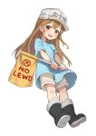  blue_shirt boots brown_eyes brown_hair character_name eyebrows_visible_through_hair flag flat_cap hat hataraku_saibou highres long_hair looking_at_viewer open_mouth piano-alice platelet_(hataraku_saibou) rubber_boots shirt short_sleeves shorts solo white_hat 