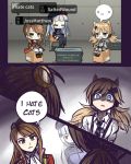  animal_ears beret blonde_hair blue_hair brown_hair cat_ears cat_girl comic commentary_request english fang girls_frontline hair_ornament hat headset highres hk416_(girls_frontline) idw_(girls_frontline) lee-enfield_(girls_frontline) military military_uniform multiple_girls necktie senpaihawkkun shocked_eyes surprised suspenders symbol_commentary uniform 