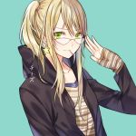  adjusting_eyewear aihara_yuzu artist_name bad_id bad_pixiv_id black_jacket blonde_hair brown_shirt chi_zu_crazy citrus_(saburouta) collarbone eyebrows_visible_through_hair glasses green_background green_eyes hair_between_eyes hood hooded_jacket jacket long_hair looking_at_viewer mouth_hold open_clothes open_jacket shirt side_ponytail simple_background smile solo striped striped_shirt upper_body 