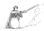  absurdres asymmetrical_clothes birthmark cape closed_mouth falchion_(fire_emblem) fire_emblem fire_emblem:_kakusei getting_over_it greyscale highres holding holding_sword holding_weapon kozaki_yuusuke krom male_focus monochrome pot short_hair simple_background smoke solo sword weapon white_background 