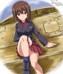  ankle_boots arm_support artist_name bangs black_footwear black_jacket black_legwear boots brown_eyes brown_hair closed_mouth commentary cross-laced_footwear dress_shirt dutch_angle eyebrows_visible_through_hair girls_und_panzer ground_vehicle jacket kuromorimine_military_uniform lace-up_boots leg_up long_sleeves looking_at_viewer military military_uniform military_vehicle miniskirt motor_vehicle nishizumi_maho pleated_skirt red_shirt red_skirt shirt short_hair signature sitting skirt smile socks solo tank tiger_i twitter_username uniform wing_collar zanntetu 