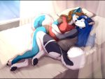  2018 anthro barefoot bed blue_fur blue_hair brown_hair canine claws cuddling detailed_background digital_media_(artwork) digitigrade dog duo eyes_closed female female/female fur hair kyotokisha15 lying mammal multicolored_fur on_bed on_side pawpads sleeping smile two_tone_fur white_fur 