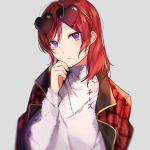  artist_name bad_id bad_pixiv_id bangs chi_zu_crazy eyebrows_visible_through_hair grey_background hair_between_eyes heart heart-shaped_eyewear looking_at_viewer love_live! love_live!_school_idol_project nishikino_maki purple_eyes red_hair short_hair simple_background solo sunglasses sweater swept_bangs upper_body white_sweater 