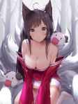  ahoge ahri animal_ears bangs blurry blurry_background blush breasts brown_eyes brown_hair cleavage closed_mouth commentary commission depth_of_field detached_sleeves eyebrows_visible_through_hair fox_ears fox_girl fox_tail kumiho league_of_legends lee_seok_ho long_hair long_sleeves low_neckline medium_breasts multiple_tails no_shoes outdoors poro_(league_of_legends) sitting skirt smile snow snow_on_head solo strapless tail tree very_long_hair wariza whisker_markings white_legwear white_skirt 