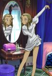  arm_up bare_legs bed blonde_hair blue_eyes dressing facial_mark indoors jessica_de_alkirk juliet_sleeves long_hair long_sleeves looking_at_mirror lunar lunar:_the_silver_star markings mirror no_bangs official_art pointy_ears puffy_sleeves reflection standing 