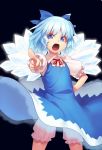  black_background bloomers blue_bow blue_dress blue_eyes blue_hair bow cirno commentary_request cowboy_shot dress eyebrows_visible_through_hair foreshortening glowing glowing_wings hair_bow hand_on_hip ice ice_wings kaiza_(rider000) looking_at_viewer neck_ribbon open_mouth pinafore_dress pointing pointing_at_viewer puffy_short_sleeves puffy_sleeves red_neckwear red_ribbon ribbon shirt short_hair short_sleeves simple_background solo standing touhou underwear v-shaped_eyebrows white_shirt wing_collar wings 