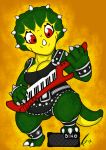  2018 anthro breasts claws clothed clothing digital_media_(artwork) dinosuar female fionthebunny hevisaurus hi_res holding_musical_instrument holding_object horn instrument keytar milli_pilli musical_instrument playing_music scalie simple_background slightly_chubby smile solo thick_thighs 