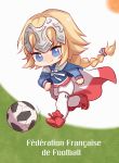  2018_fifa_world_cup ball blonde_hair blue_eyes braid cape chibi chinese_commentary closed_mouth commentary_request fate/grand_order fate_(series) flag france french french_flag headpiece highres jeanne_d'arc_(fate) jeanne_d'arc_(fate)_(all) long_braid long_hair simple_background single_braid smile soccer soccer_ball soccer_uniform solo spirit_(624793092) sportswear telstar_18 translated very_long_hair world_cup 