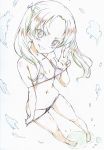  absurdres ass_visible_through_thighs bangs barefoot bikini bikini_pull blush bow color_trace colored_pencil_(medium) commentary full_body girls_und_panzer grin hair_bow head_tilt highres kadotani_anzu kitazinger long_hair looking_at_viewer micro_bikini navel parted_bangs partially_colored pigeon-toed pulled_by_self red_bikini smile solo standing swimsuit traditional_media twintails v-shaped_eyebrows w 