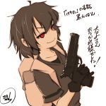  &gt;:) 370ml artist_name backpack bag brown_hair closed_mouth collarbone commentary_request evil_eyes evil_smile gloves gun hair_between_eyes handgun hands_up holding holding_gun holding_weapon kaban_(kemono_friends) kemono_friends looking_afar messy_hair no_headwear pistol red_eyes shirt short_hair short_sleeves simple_background smile smirk solo translation_request upper_body v-shaped_eyebrows weapon white_background 