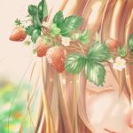  blurry blurry_background close-up closed_eyes eyelashes face flower food fruit gradient gradient_background happy head_wreath highres leaf light_brown_hair light_smile long_hair mao_huzi multicolored multicolored_background original painttool_sai smile solo strawberry sunlight white_flower 