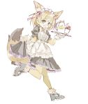  alternate_costume animal_ear_fluff animal_ears apron blonde_hair bow bowtie commentary_request cup curtsey enmaided eyebrows_visible_through_hair fennec_(kemono_friends) fox_ears fox_tail fur_trim gloves kemono_friends kemono_friends_festival konabetate maid maid_apron maid_dress maid_headdress short_hair solo tail teacup teapot thighhighs tray 