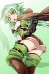  aqua_hair ass black_gloves breasts cloak commentary_request dagger elf eyebrows_visible_through_hair flat_ass from_below gloves goblin_slayer! greaves green_eyes high_elf_archer_(goblin_slayer!) highres hood hood_down open_mouth pointy_ears sanagi_(diohazard) short_hair_with_long_locks shorts small_breasts solo thighhighs weapon 