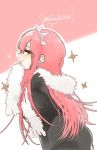  alternate_costume fate/grand_order fate_(series) from_side fur_scarf heart long_hair looking_at_viewer medb_(fate)_(all) medb_(fate/grand_order) nibinibi1030 pink_background pink_hair profile sketch smile solo tiara twitter_username two-tone_background white_background yellow_eyes 