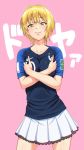  2018_fifa_world_cup blonde_hair breasts commentary_request crossed_arms derivative_work france green_eyes highres idolmaster idolmaster_cinderella_girls idolmaster_cinderella_girls_starlight_stage jersey kylian_mbappe medium_breasts miniskirt miyamoto_frederica nigou nike photo-referenced short_hair skirt smug soccer soccer_uniform sportswear world_cup 