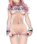  areola_slip areolae boyshorts bracelet breasts breasts_apart casual clothes_writing colored_pubic_hair commentary english_commentary haruno_sakura head_out_of_frame highres jewelry lips medium_breasts mike_nesbitt naruto_(series) navel no_bra panties panty_pull pink_hair pink_pubic_hair pubic_hair pulled_by_self shirt shirt_lift smile solo standing striped t-shirt thigh_gap toned translation_request underboob underwear white_background 