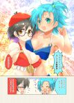  :d @_@ ^_^ aqua_eyes asymmetrical_docking beret bikini black_hair blue_bikini blue_hair blush breast_press breast_rest breasts brown_eyes cafe-chan_to_break_time cleavage clenched_hand closed_eyes collarbone comic commentary_request earrings emphasis_lines eyebrows_visible_through_hair flying_sweatdrops hair_ornament halterneck hand_to_own_mouth hand_up hands_up hat jewelry large_breasts looking_at_viewer medium_hair multiple_girls o-ring open_mouth porurin ramune_(cafe-chan_to_break_time) red_bikini red_hat ringo_(cafe-chan_to_break_time) short_hair smile swimsuit translation_request wavy_mouth 
