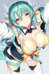  bangs bare_shoulders bikini blush bow breasts cleavage closed_mouth commentary_request detached_collar dragon_girl dragon_horns fate/grand_order fate_(series) green_hair hair_between_eyes hair_bow highres horns japanese_clothes kimono kiyohime_(fate/grand_order) kiyohime_(swimsuit_lancer)_(fate) large_breasts long_hair looking_at_viewer nebusoku obi open_clothes open_kimono sash sidelocks slit_pupils smile solo swimsuit thighs white_kimono white_legwear yellow_bikini yellow_bow yellow_eyes 