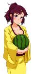  blush bouhatei_tetora breasts cleavage food fruit hair_ornament hairclip highres japanese_clothes joshiraku kimono kiriririn long_hair medium_breasts no_bra ponytail purple_eyes purple_hair sidelocks smile solo sweat watermelon wide_sleeves 