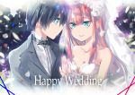  1girl bangs bare_shoulders black_hair black_neckwear blue_eyes blue_horns blush bow bowtie breasts bridal_veil cleavage collarbone collared_shirt commentary_request couple darling_in_the_franxx dress english eyebrows_visible_through_hair flower formal futami_(futamito) green_eyes grey_suit hair_flower hair_ornament hand_up hetero hiro_(darling_in_the_franxx) horns jewelry long_hair long_sleeves looking_at_another medium_breasts oni_horns pink_hair red_horns ring shirt suit veil wedding_dress wedding_ring what_if white_dress white_shirt wing_collar zero_two_(darling_in_the_franxx) 