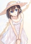  bangs beach blue_eyes bow brown_hair collarbone commentary day dress eyebrows_visible_through_hair hair_between_eyes hat hat_bow head_tilt highres leaning_forward looking_at_viewer original outdoors parted_lips round_teeth sand sleeveless sleeveless_dress solo sun_hat suzunari_shizuku teeth upper_teeth v_arms water white_bow white_dress yuki_arare 