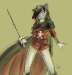  2016 anthro black_fur black_hair breasts canine clothed clothing female fur gloves hair mammal melee_weapon red_hair solo sword turnsky weapon 