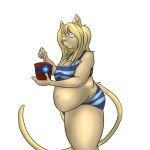  anthro bikini blonde_hair breasts cat cleavage clothed clothing dessert feline female food fur hair ice_cream mammal navel overweight pink_nose simple_background solo swimsuit tan_fur turnsky white_background 
