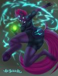  2018 action_pose anthro anthrofied breasts broken_horn butt butt_pose catnamedfish clothed clothing equine female fingerless_gloves gloves grin hair hi_res holding_object hooves horn lightning magic_user mammal my_little_pony my_little_pony_the_movie pose scar smile solo tempest_shadow_(mlp) underhoof unicorn 