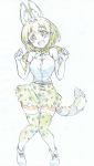  :d absurdres animal_ears ankle_boots bad_proportions bangs black_skirt blonde_hair boots bow bowtie clenched_hands color_trace colored_pencil_(medium) commentary elbow_gloves extra_ears eyebrows_visible_through_hair fang full_body gloves green_hair head_tilt high-waist_skirt highres kemono_friends kitazinger knees_together_feet_apart looking_at_viewer miniskirt open_mouth print_gloves print_legwear print_neckwear print_skirt serval_(kemono_friends) serval_ears serval_print serval_tail shirt short_hair skindentation skirt sleeveless sleeveless_shirt smile solo standing striped_tail tail thighhighs traditional_media w_arms white_footwear white_gloves white_shirt yellow_legwear yellow_neckwear yellow_skirt 