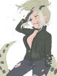  2018 animal_humanoid big_breasts biped breasts cleavage clothed clothing crocodile crocodilian crocodilian_humanoid digital_drawing_(artwork) digital_media_(artwork) eyelashes eyeshadow female fingerless_gloves front_view gloves grey_clothing grey_hair grey_scales grey_spots hair half-length_portrait hanada03 hand_behind_head hi_res humanoid humanoid_hands jacket jeans kemono_friends light_skin long_tail makeup multicolored_hair multicolored_scales one_eye_closed open_mouth open_smile pants ponytail portrait raised_arm reptile reptile_humanoid saltwater_crocodile saltwater_crocodile_(kemono_friends) scales scalie short_hair simple_background slit_pupils smile solo spiked_tail spikes spots spotted_scales standing tan_hair tan_scales tan_skin torn_clothing torn_jeans torn_pants two_tone_hair two_tone_scales white_background wink yellow_eyes 