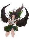  bare_arms bare_legs barefoot black_hair black_wings blouse bow breasts collared_blouse commentary_request falling floating_hair frilled_blouse frilled_skirt frilled_sleeves frills full_body green_bow green_skirt hair_bow hands_up highres huge_bow impossible_clothes long_hair medium_breasts midair midriff_peek navel open_mouth puffy_short_sleeves puffy_sleeves red_eyes reiuji_utsuho short_sleeves simple_background skirt solo stomach third_eye toes touhou very_long_hair white_background white_blouse wings yukitourou 