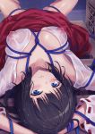  1girl areolae bare_shoulders bdsm black_hair blue_eyes blush bondage bound breasts breasts_apart closed_mouth from_above gekikawa_onna_fukujuu_haramase_nakadashi_seisaku highres indoors japanese_clothes legs long_skirt looking_down lying medium_breasts miko nipples no_bra original red_skirt see-through short_hair skirt solo spread_legs thighs triangle_(company) wet wet_clothes 