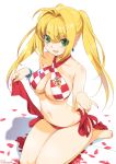  2018_fifa_world_cup adapted_costume ahoge bare_arms bare_legs bare_shoulders bikini blonde_hair breasts checkered checkered_bikini cleavage commentary_request criss-cross_halter croatia earrings fate/grand_order fate_(series) green_eyes halterneck highres inoue_sora jewelry long_hair nail_polish nero_claudius_(fate)_(all) nero_claudius_(swimsuit_caster)_(fate) nike open_mouth petals red_bikini side-tie_bikini sitting smile soccer soccer_uniform solo sportswear stomach swimsuit white_background world_cup 