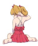  aisaki_emiru bare_shoulders barefoot brown_hair commentary_request frilled_swimsuit frills from_behind hair_ribbon hugtto!_precure looking_at_viewer looking_back precure red_eyes red_ribbon red_swimsuit ribbon short_hair sitting solo swimsuit twintails uyoshi 